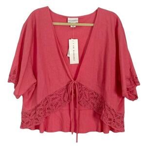 New NWT ANNA MAXWELL Top Blouse Cardigan 4X 30-32 Pink Linen Crochet-Lace BowTie